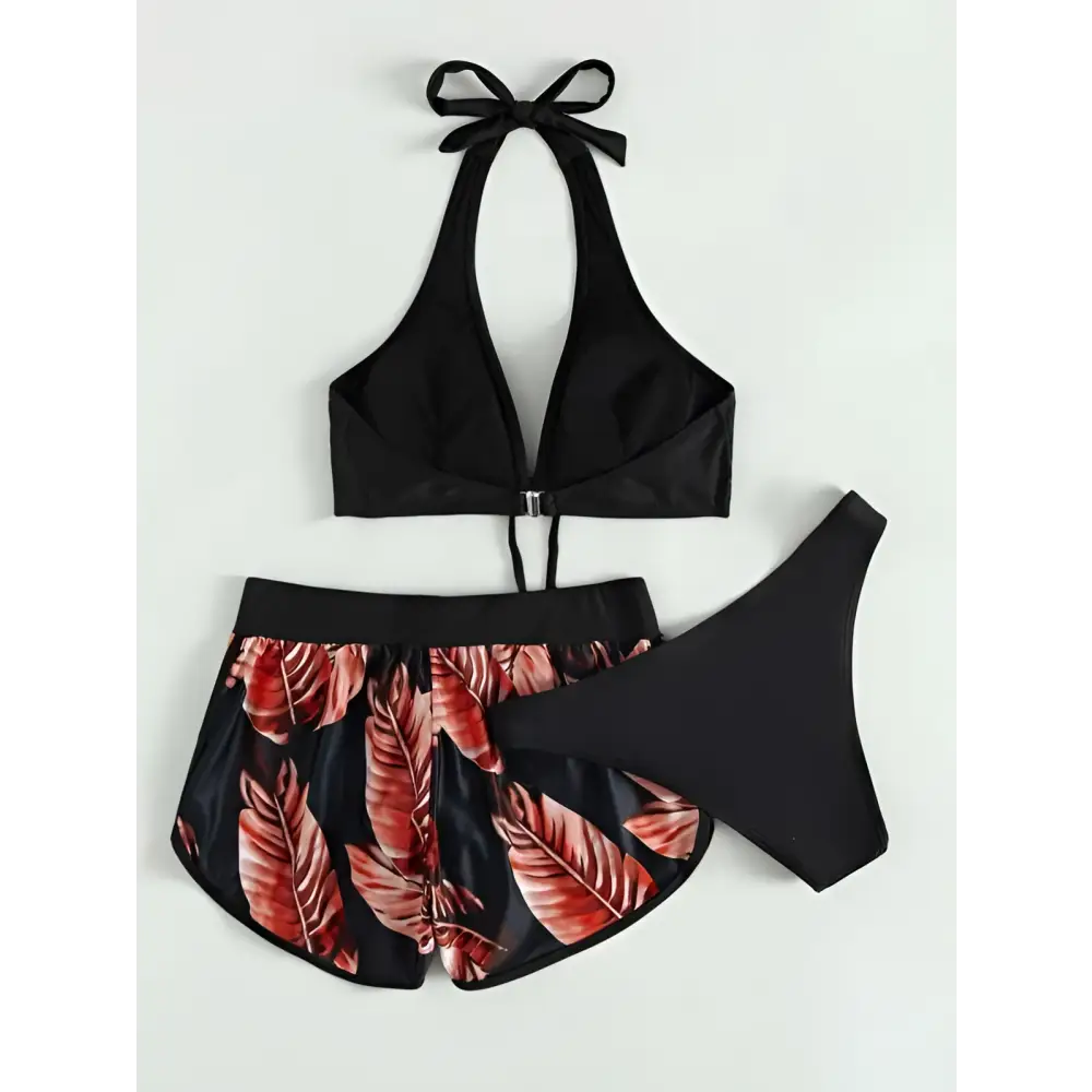 3pcs Leaf Print Bikini with Shorts Fashion Summer