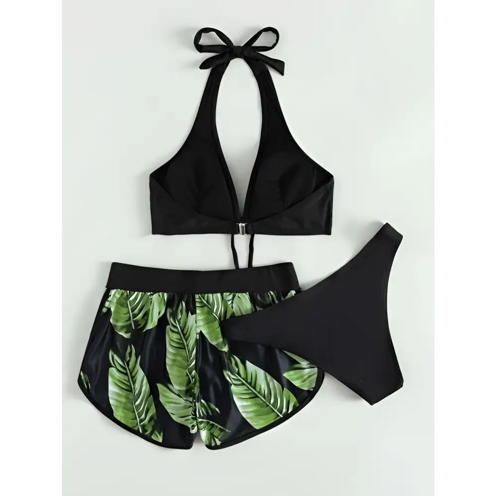 3pcs Leaf Print Bikini with Shorts Fashion Summer