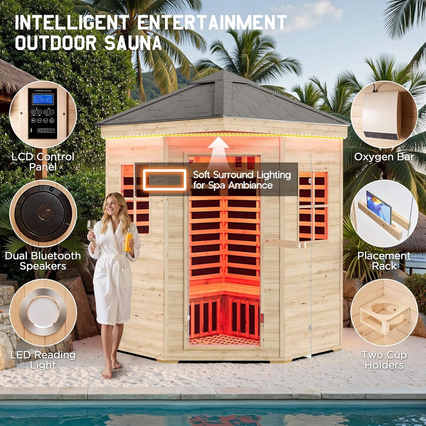 Thermora Monaco 4-Person Low EMF Spruce Wood Outdoor Infrared Sauna With Bluetooth Speakers And LED Lights (SAK16270)