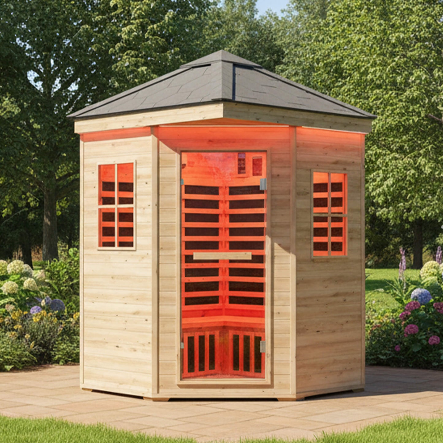 Thermora Monaco 4-Person Low EMF Spruce Wood Outdoor Infrared Sauna With Bluetooth Speakers And LED Lights (SAK16270)