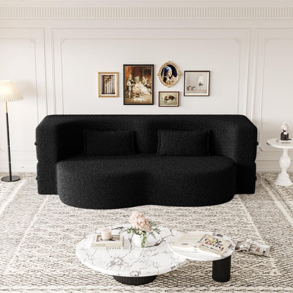 Modern Floor Sofa With Two Pillows Convertible Teddy Fabric Foam Filled Bed