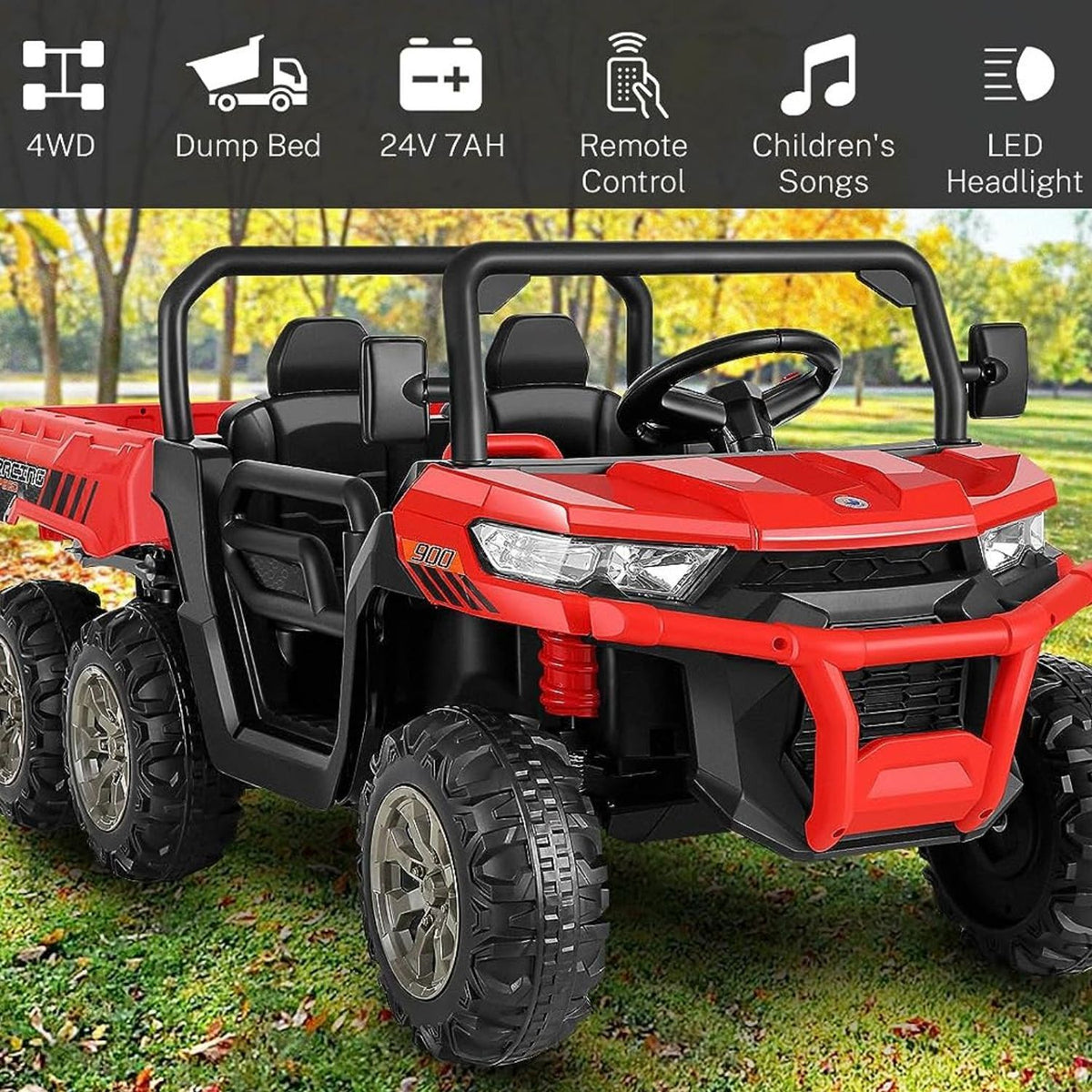400W 2-Seater 4WD Ride-On Car for Kids with Dump Bed, RC Control, MP3 Player, and LED Lights - 3 Speed Options
