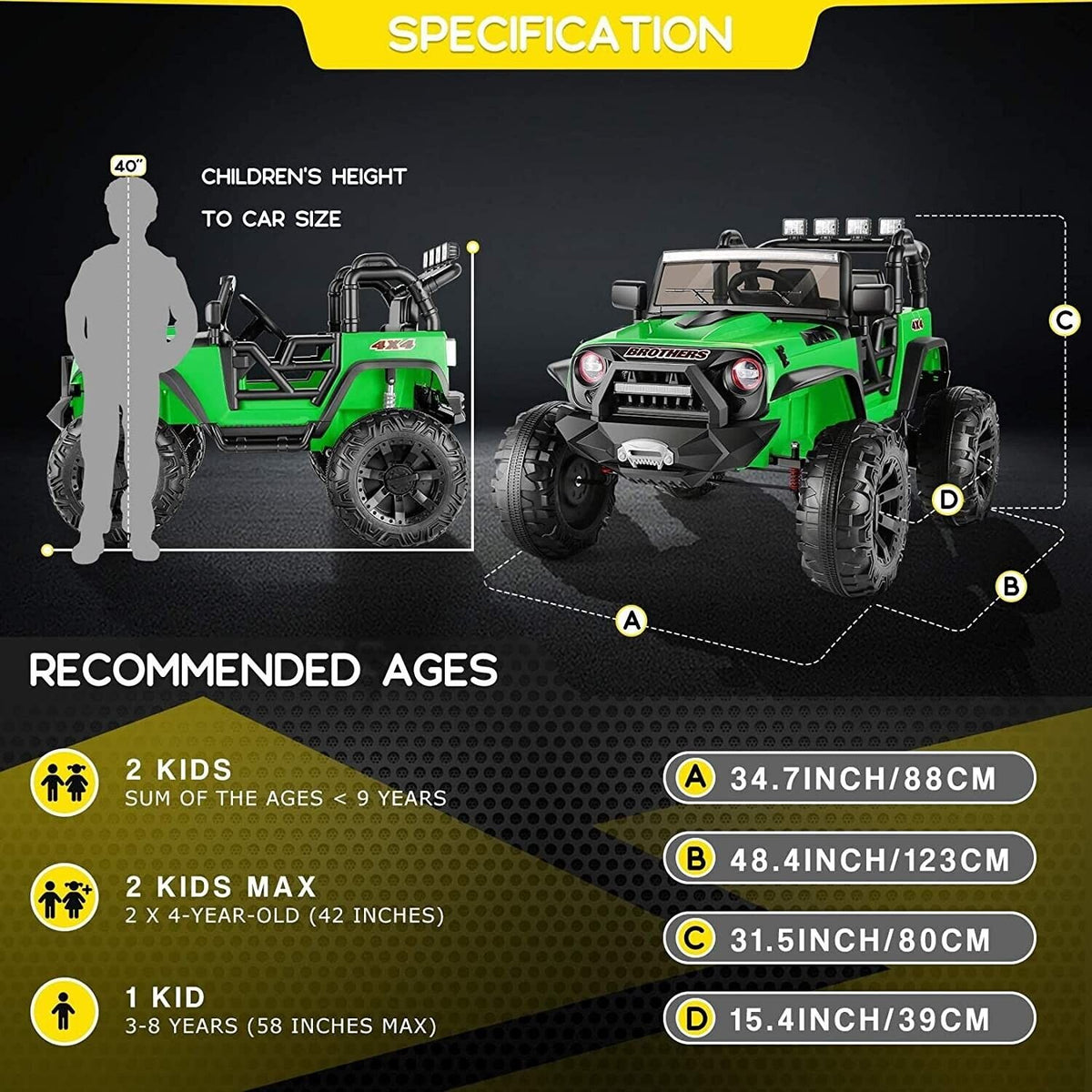 400W 2-Seater Electric Ride-On Truck with LED Lights for Kids - 24V Jeep Car