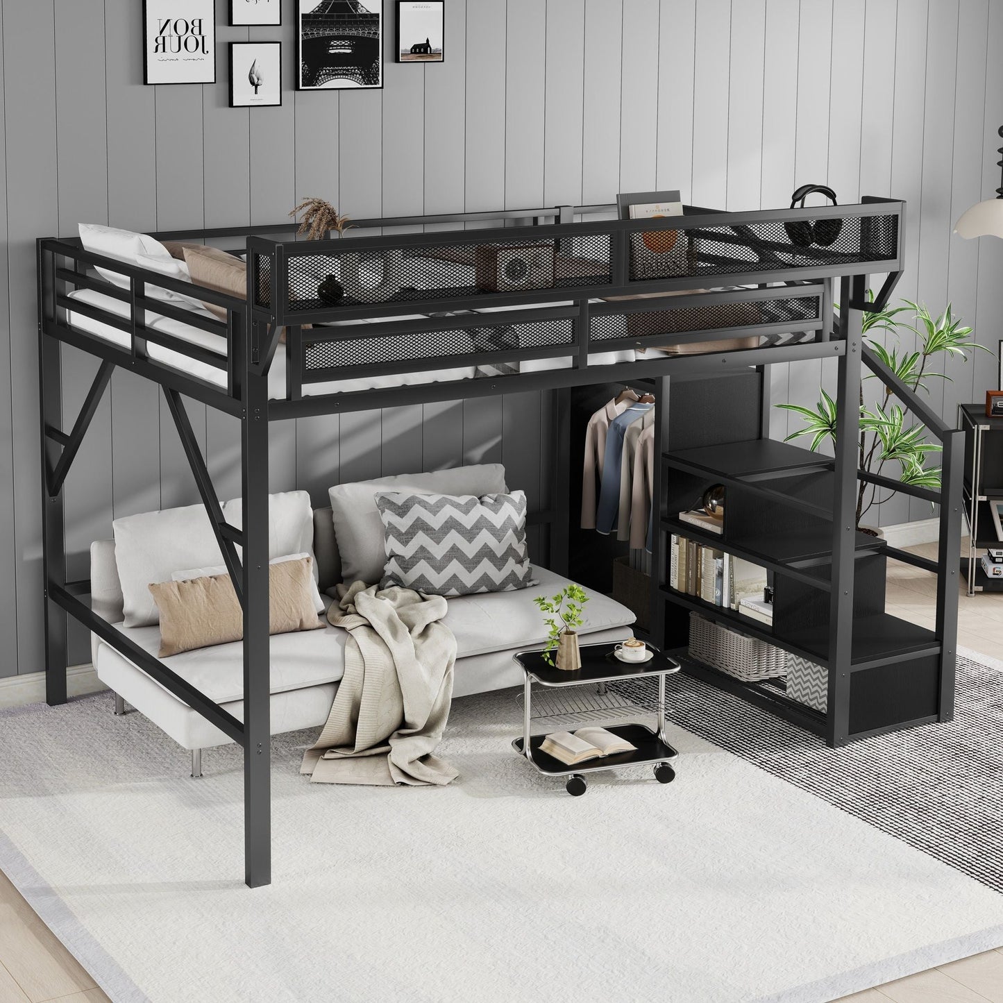Loft Bed With Storage Shelves, Wardrobe