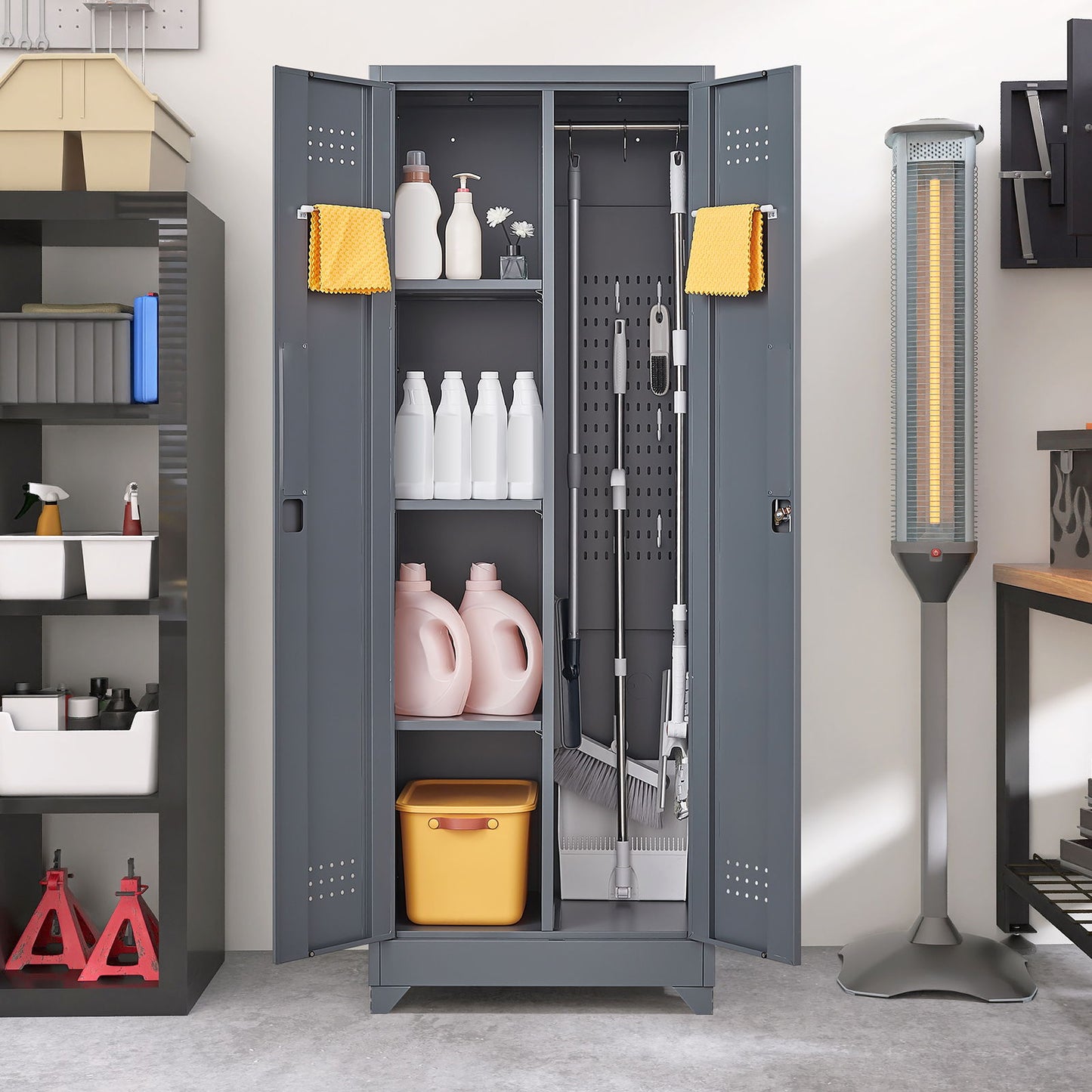 Heavy Duty Storage Cabinet With Locking Doors, Hanging Rod & Shelves, Broom Closet - Gray