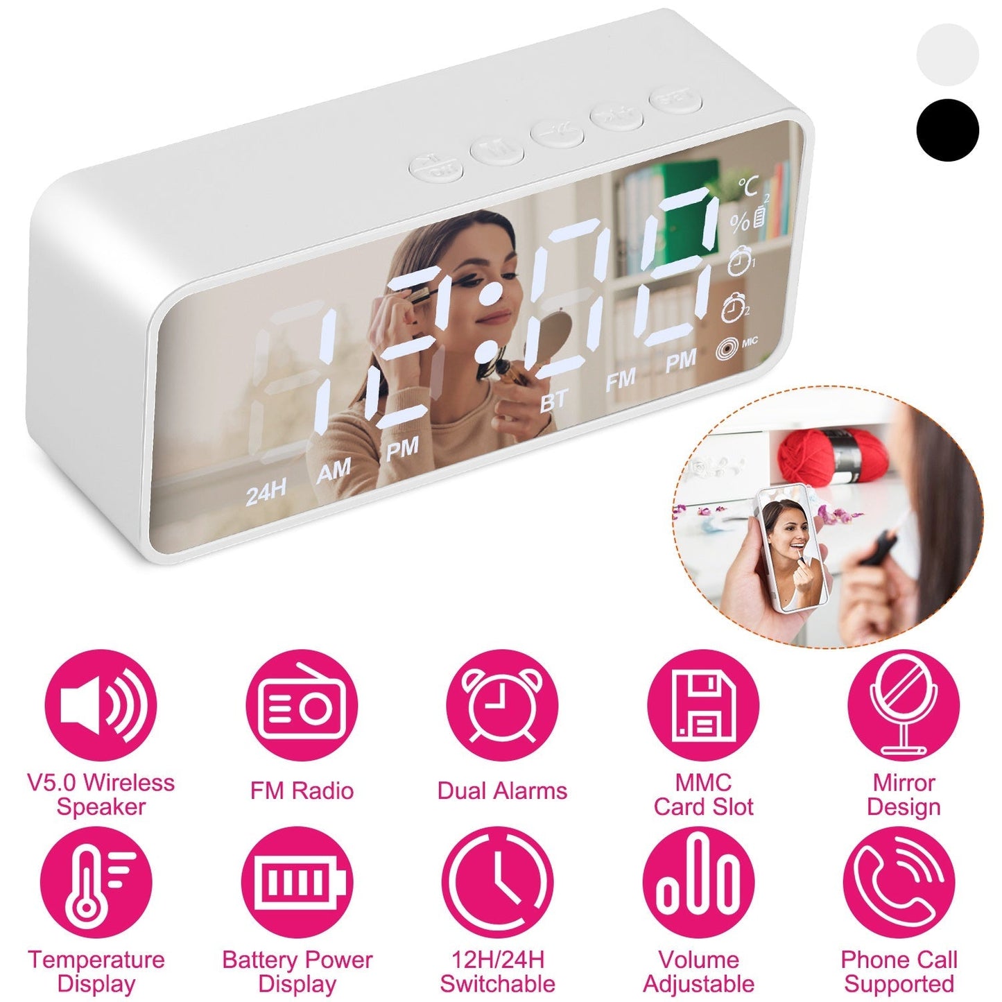 Mirror Digital Alarm Clock LED V5.0 Wireless Speaker Clock with FM Radio Temperature Display MMC Card Slot