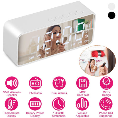 Mirror Digital Alarm Clock LED V5.0 Wireless Speaker Clock with FM Radio Temperature Display MMC Card Slot