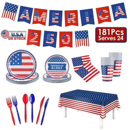 4th of July Party Supplies Set for 24 Guests - 181 Pieces