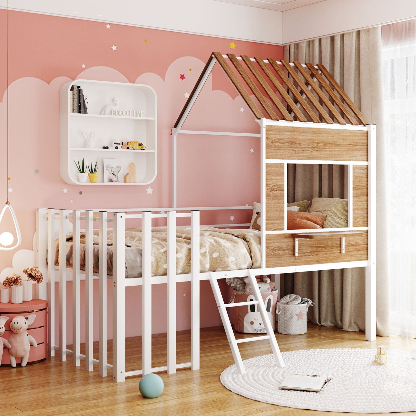 Loft Bed With Roof, Window, Guardrail, Ladder