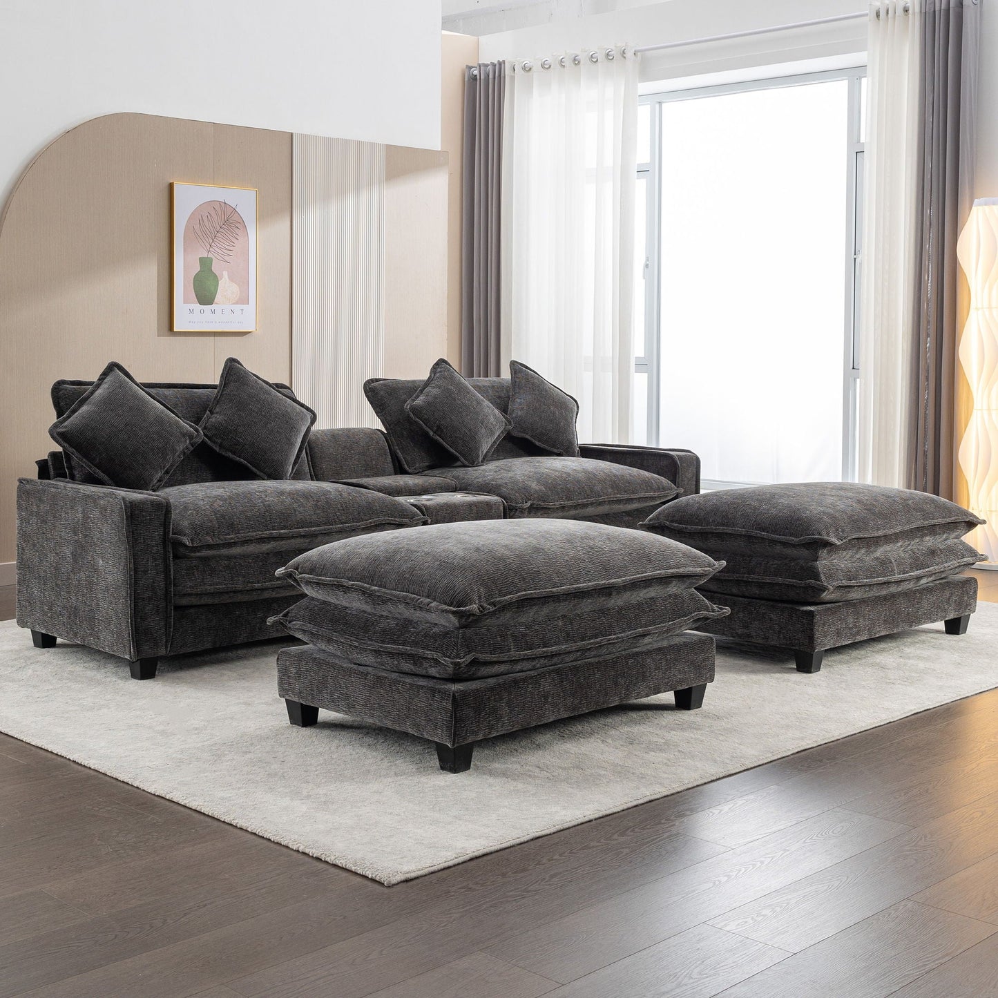Modern Sectional Sofa With Removable Ottomans, USB Ports