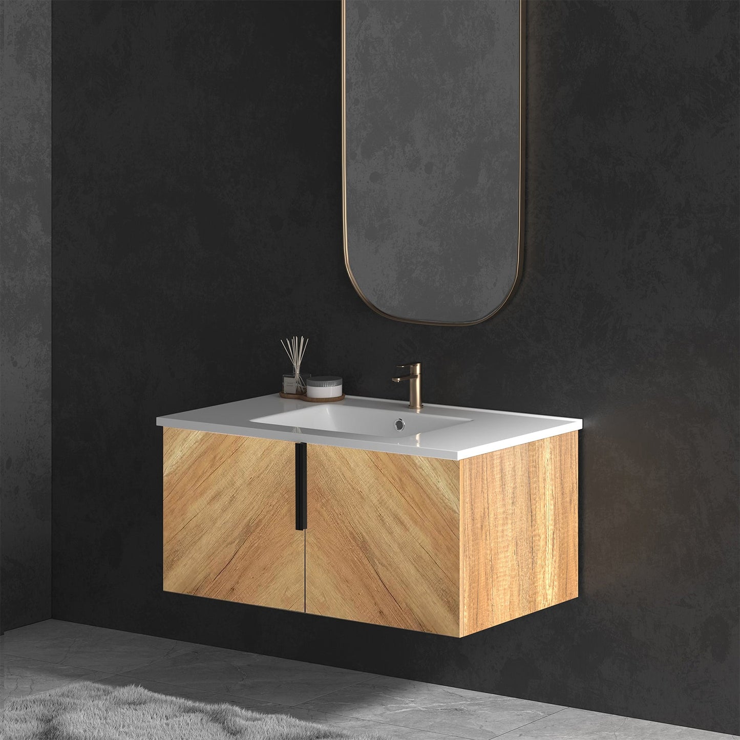 36 Inch Wall-Mounted Bathroom Vanity with 3D Fluted Panel & Ceramic Integrated Sink