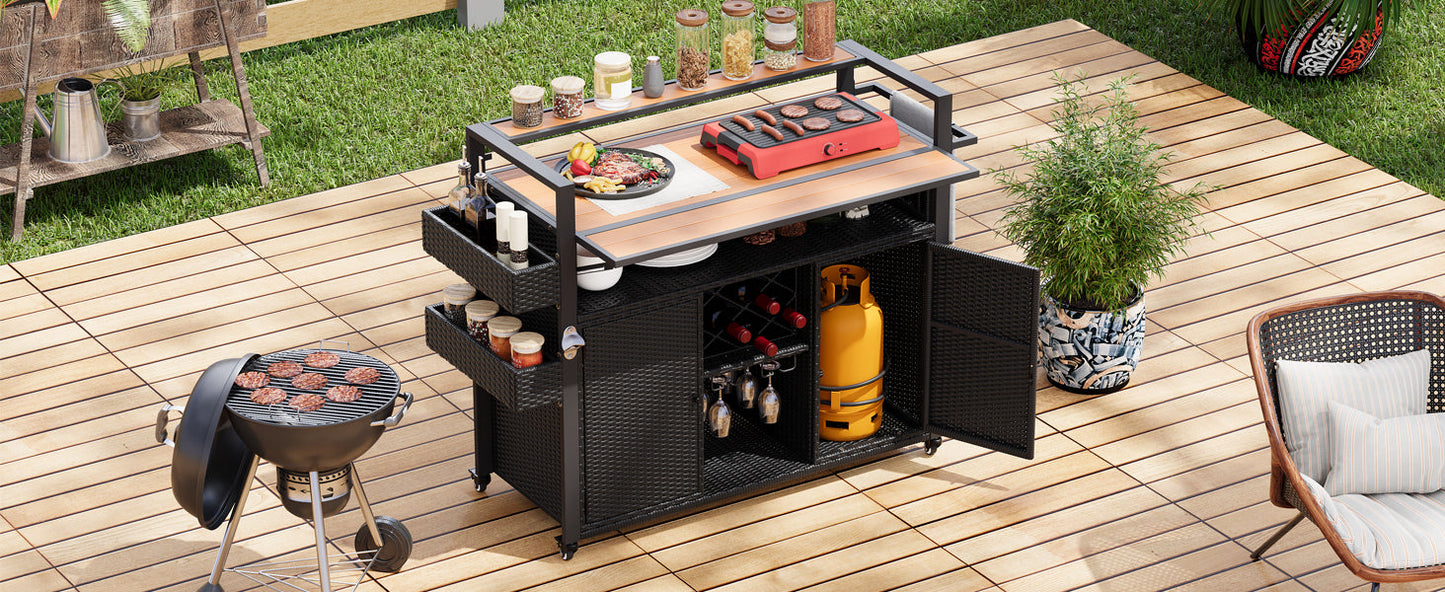 K&K 52.8"W Wicker Outdoor Grill Cart with Extended Table Top