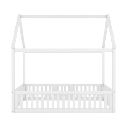 Wood House Bed With Fence And Door