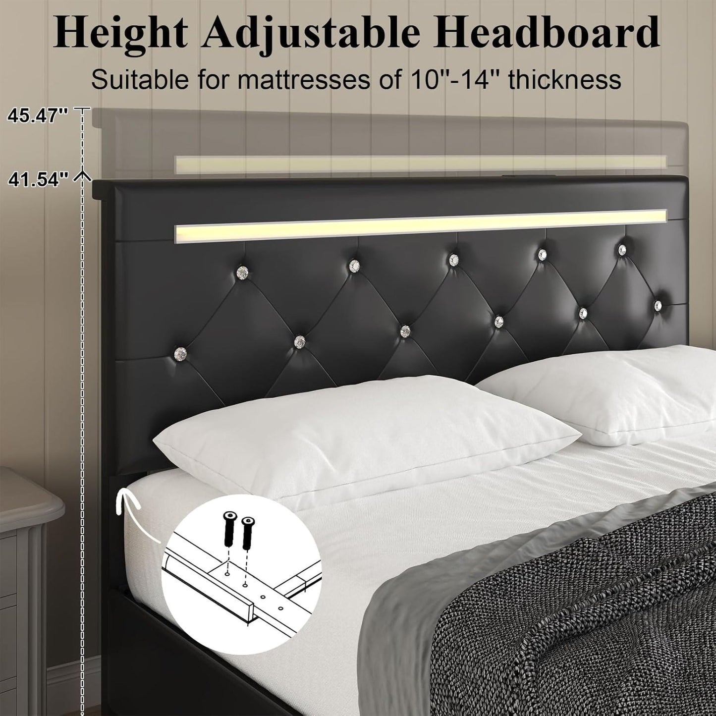 Upholstered Bed Frame With LED Lights, 4 Storage Drawers, Charging Station