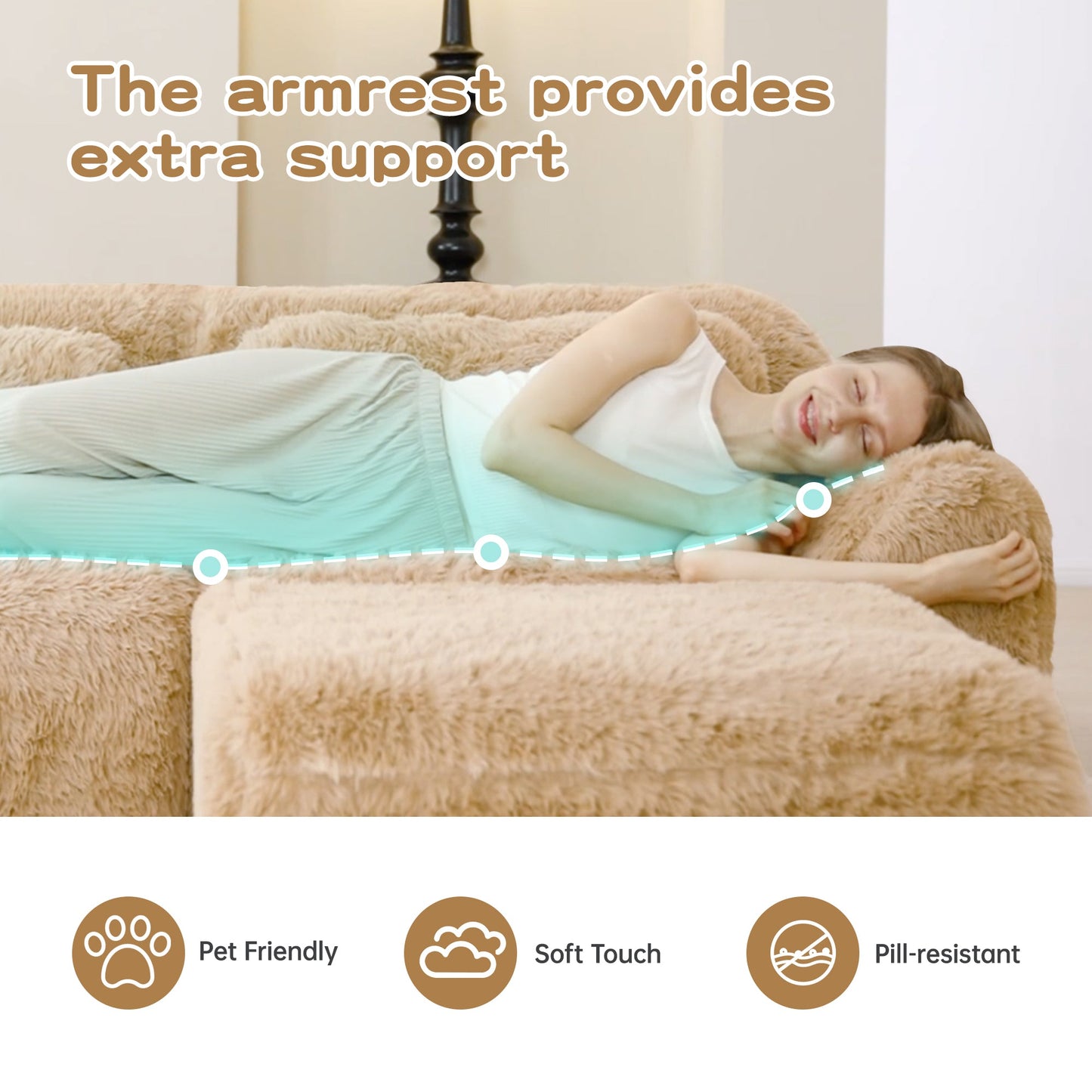 3-Seater Soft Plush Fabric Sofa With Movable Ottoman