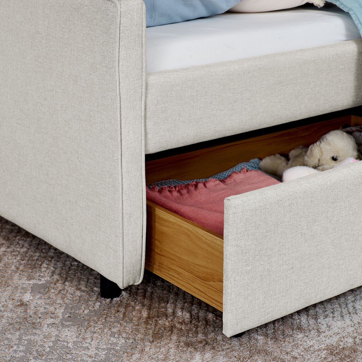 Twin Upholstered Sofa Bed With LED Lights, Storage Drawers, Adjustable Headboard & Wireless Charging - Beige