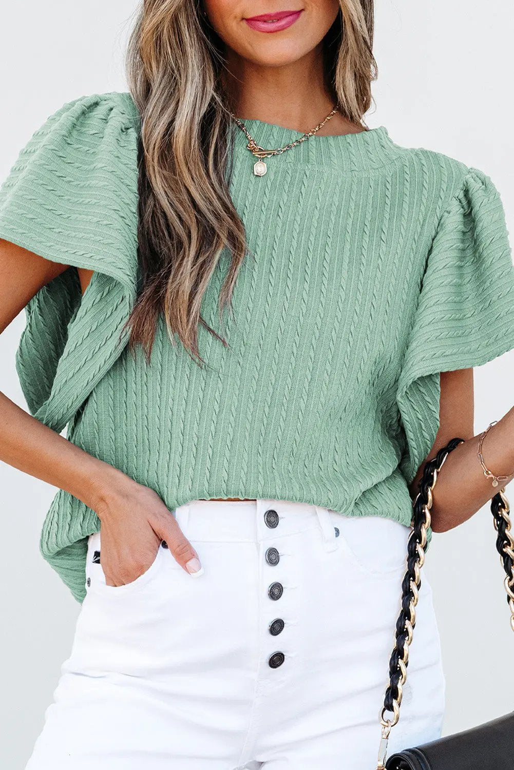 Accessories Love Salve Green Textured Top Women's Daily Wear Flutter Sleeve Blouse - Summer Ready