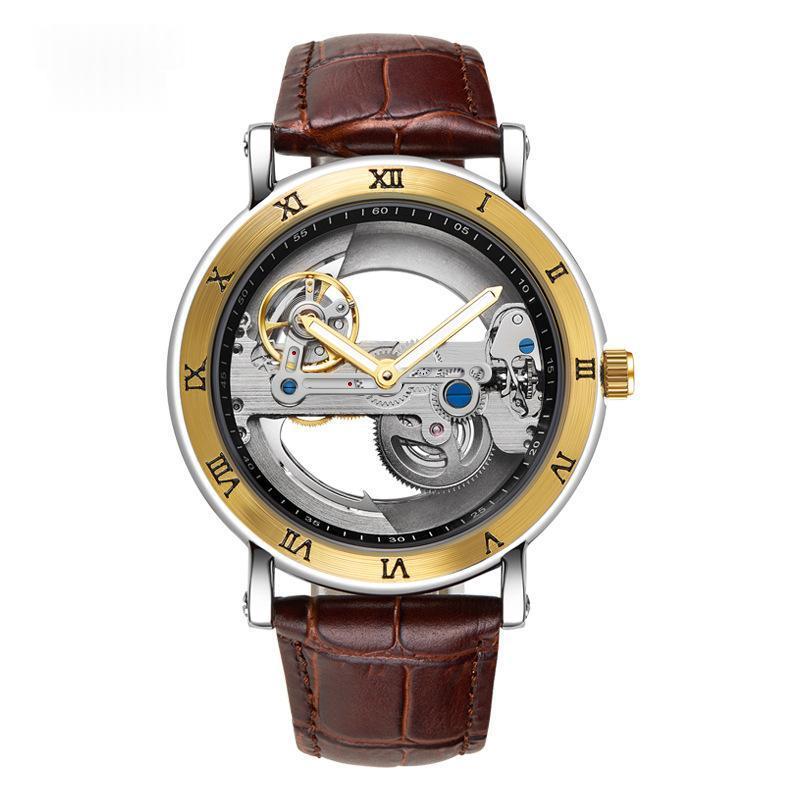 Wolishi Mens Mechanical Watch Leather Strap Waterproof Open-work Design