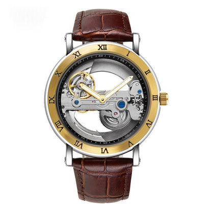 Wolishi Mens Mechanical Watch Leather Strap Waterproof Open-work Design