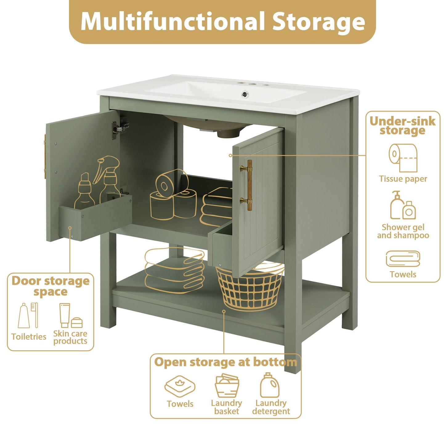 Elegant Bathroom Vanity With Ceramic Sink And Versatile Storage