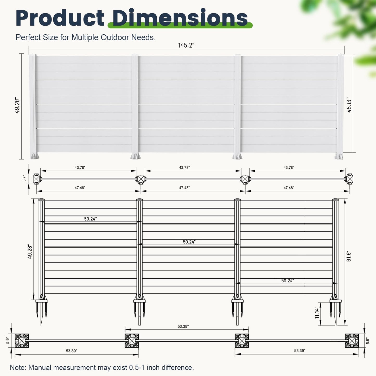 50" W x 49" H Outdoor Privacy Screen, Air Conditioner Fence, All-Weather Vinyl Privacy Fence Screens with Aluminum