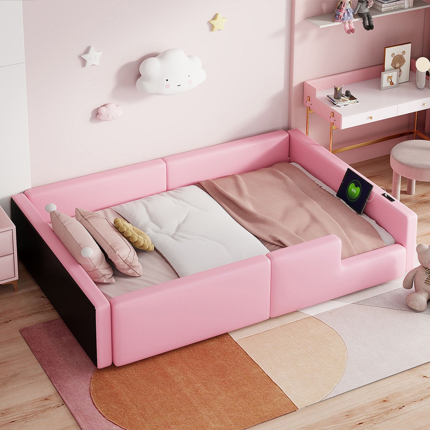 Platform Bed With Guardrail And Charging Station