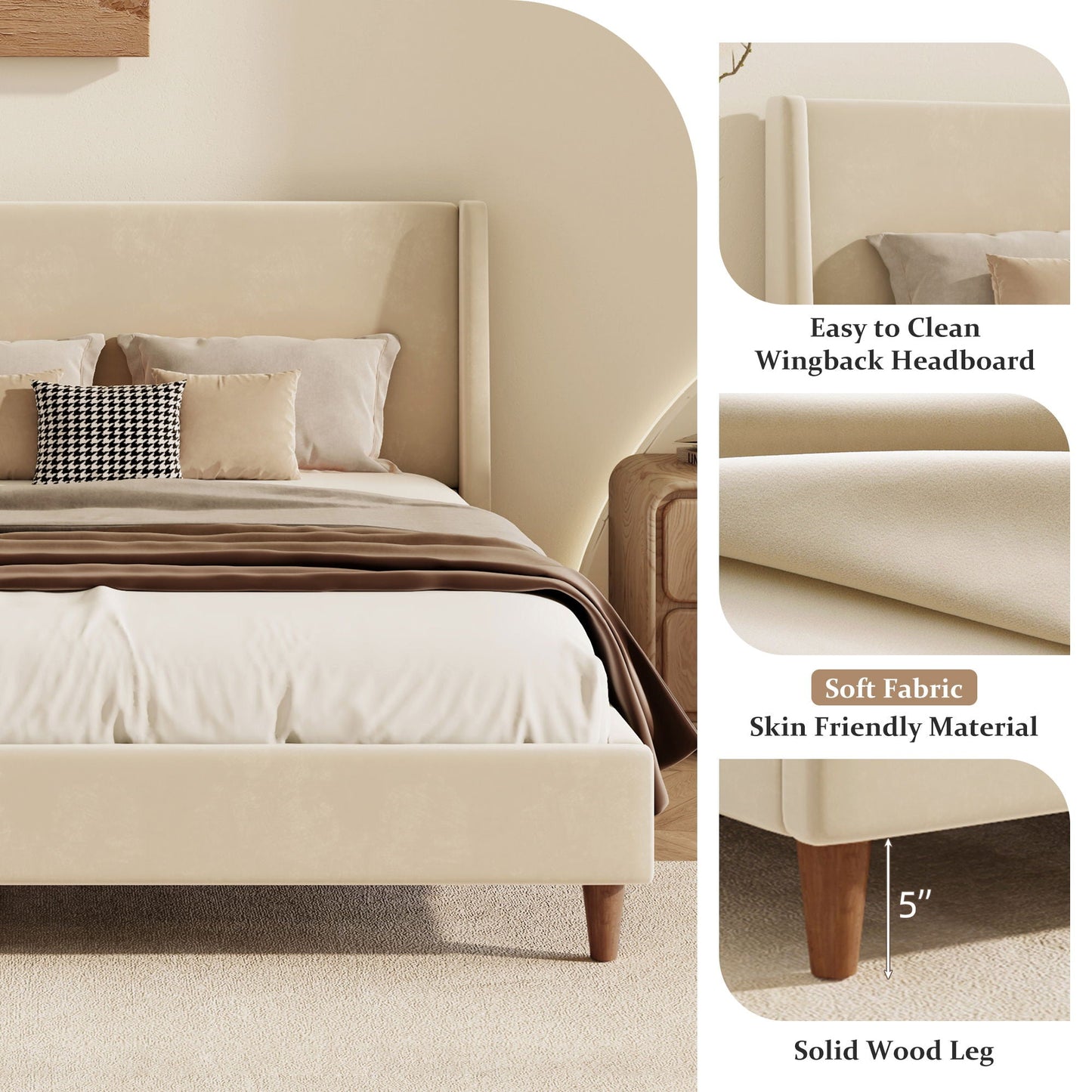 Upholstered Modern Platform Bed With Wingback Headboard