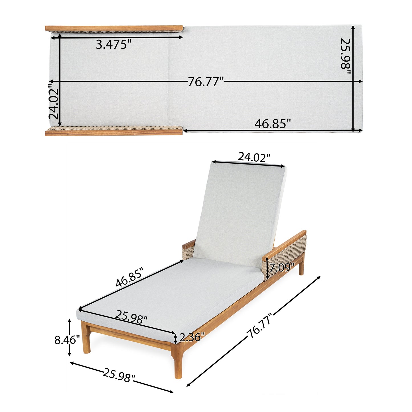 Solid Acacia Wood Sun Lounger with Grey Cushions and Light Grey Wicker