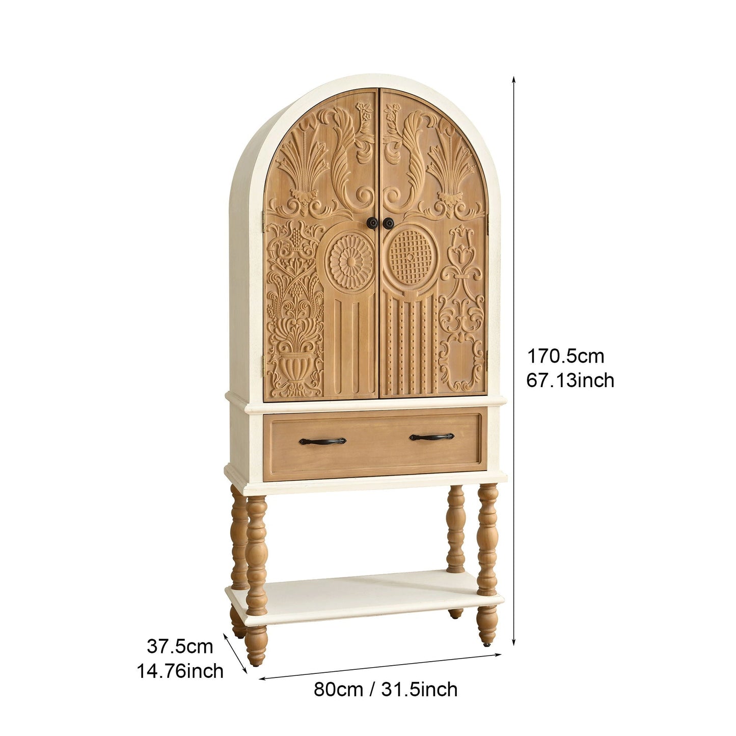 Arched Flower Carved Door Accent Sideboard Cabinet With 1 Drawer And Shelf, Cabinet For Kitchen - Natural / White
