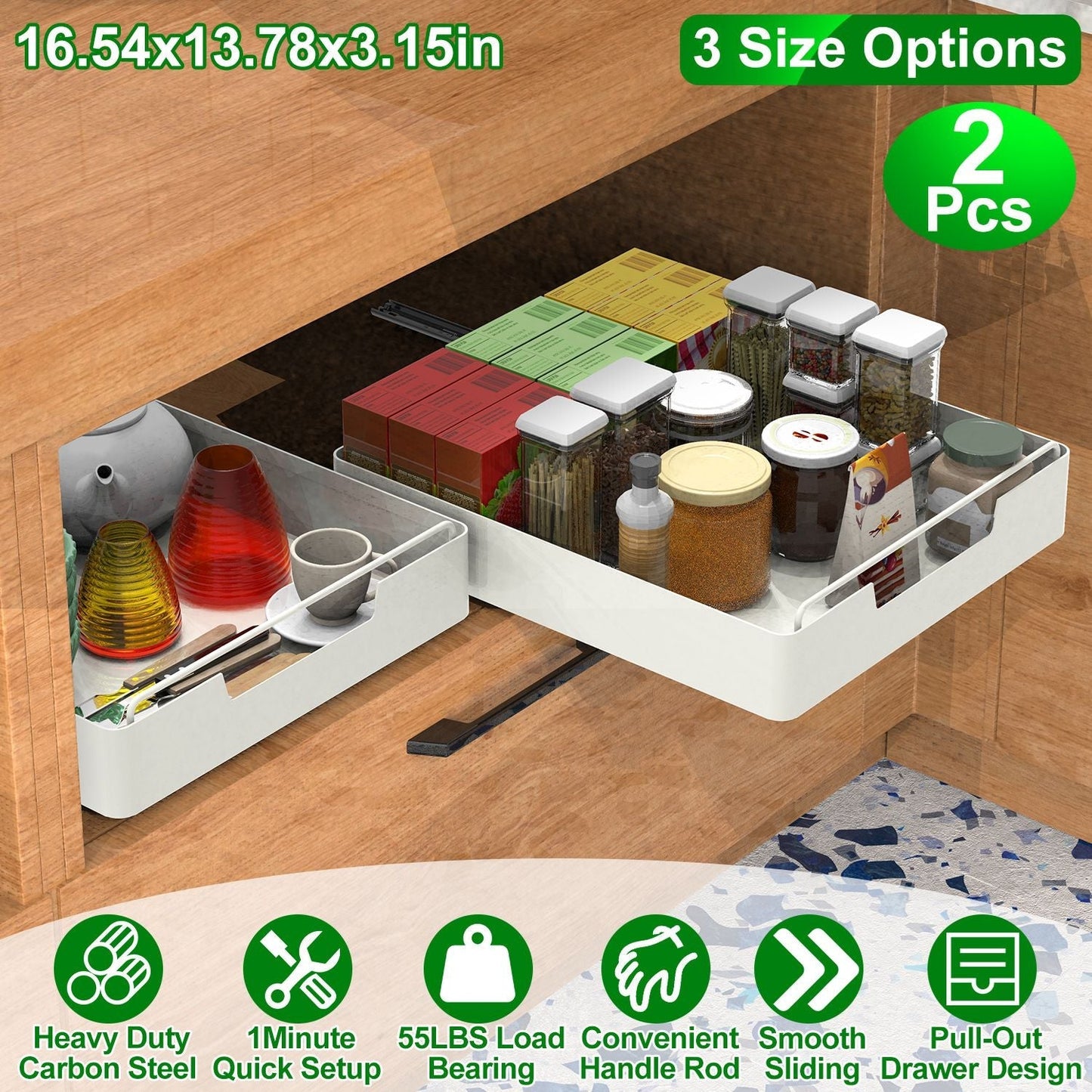 2Pcs Pull Out Cabinet Organizers Sliding Shelf Spice Rack Carbon Steel Roll Out Drawers Fixed with Adhesive Nano Film with Handle 55LBS Max Load
