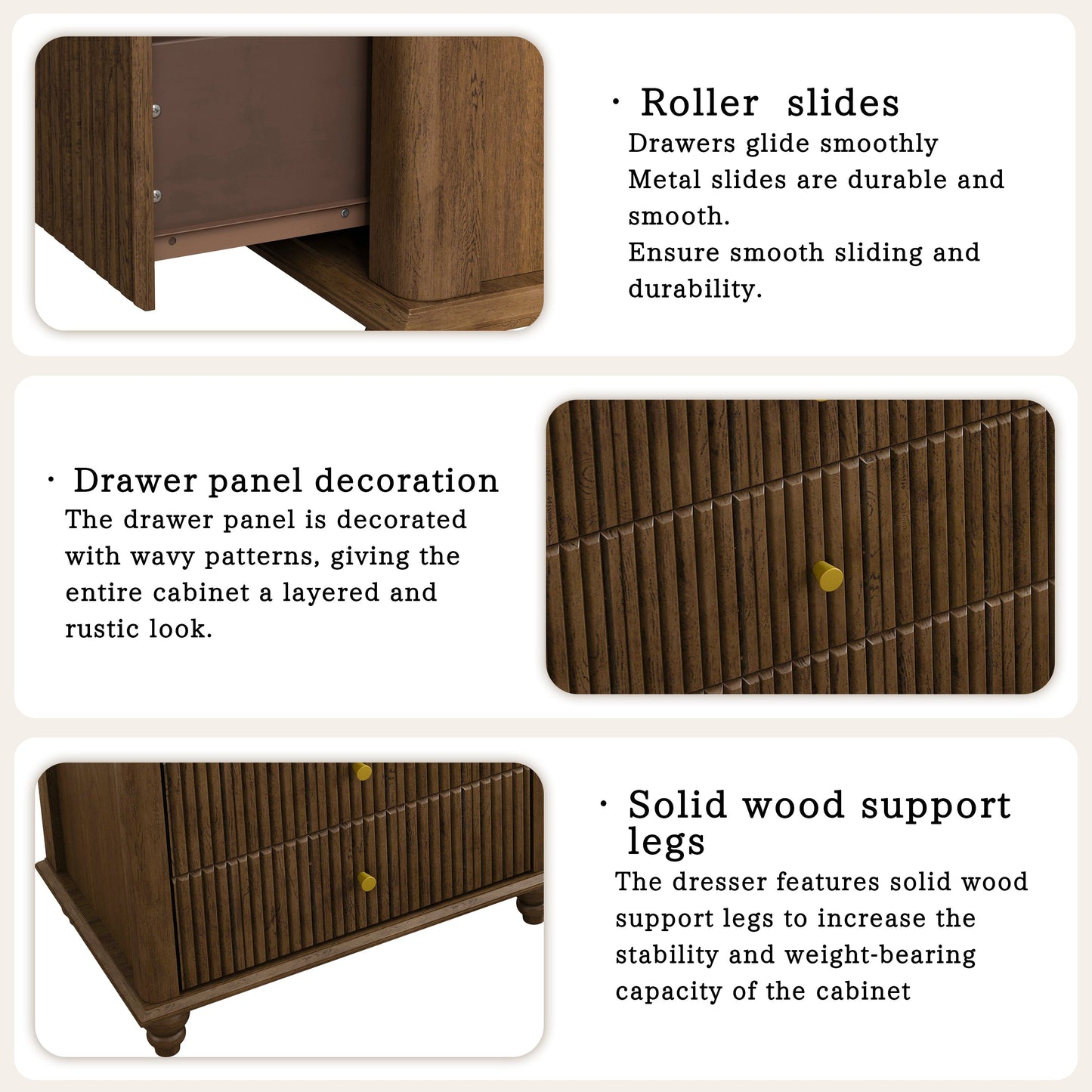 Fluted 5 Drawer Dresser, 45 Inch Tall Modern Chest of Drawers