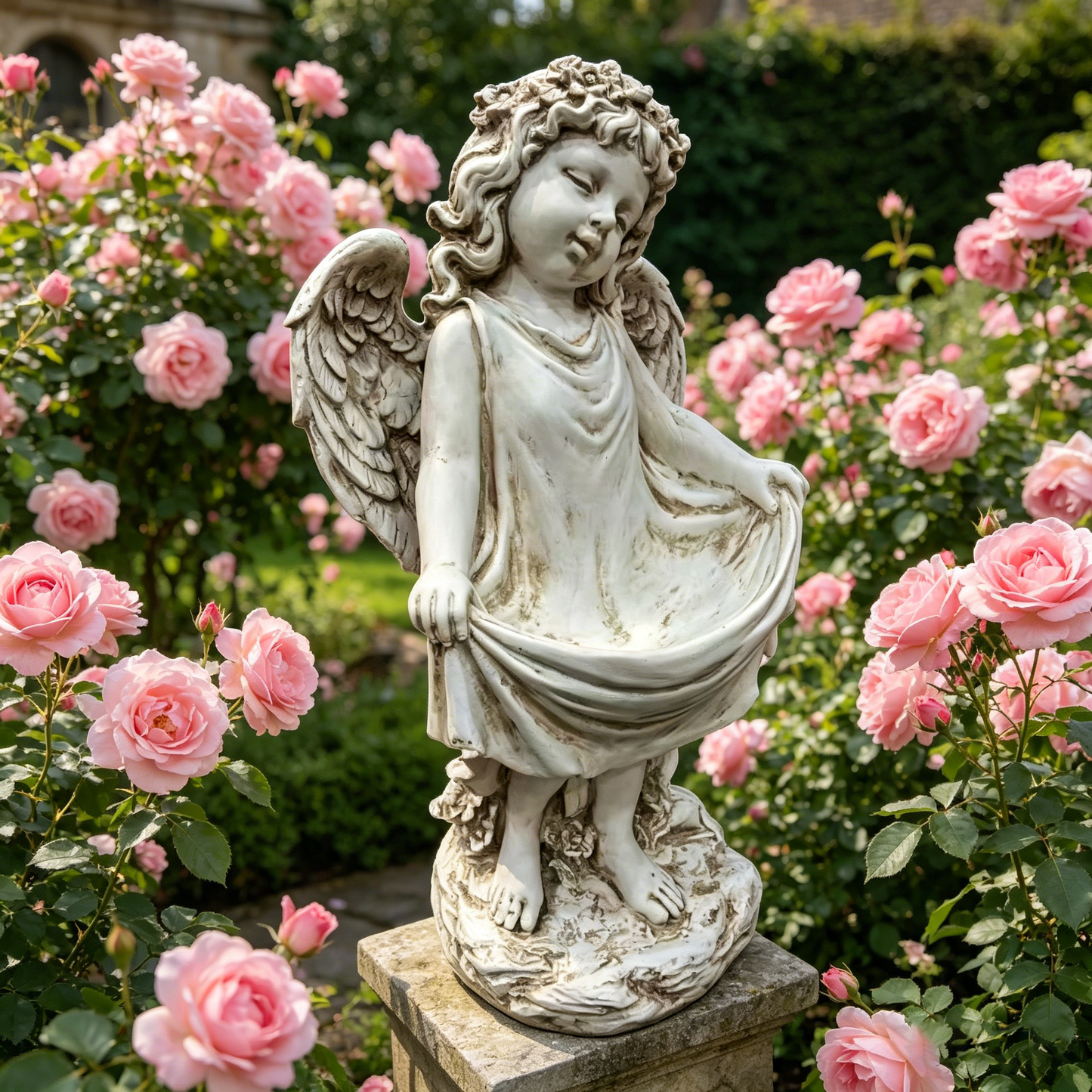 21.06" Tall Weathered Angel Cherub Garden Statue