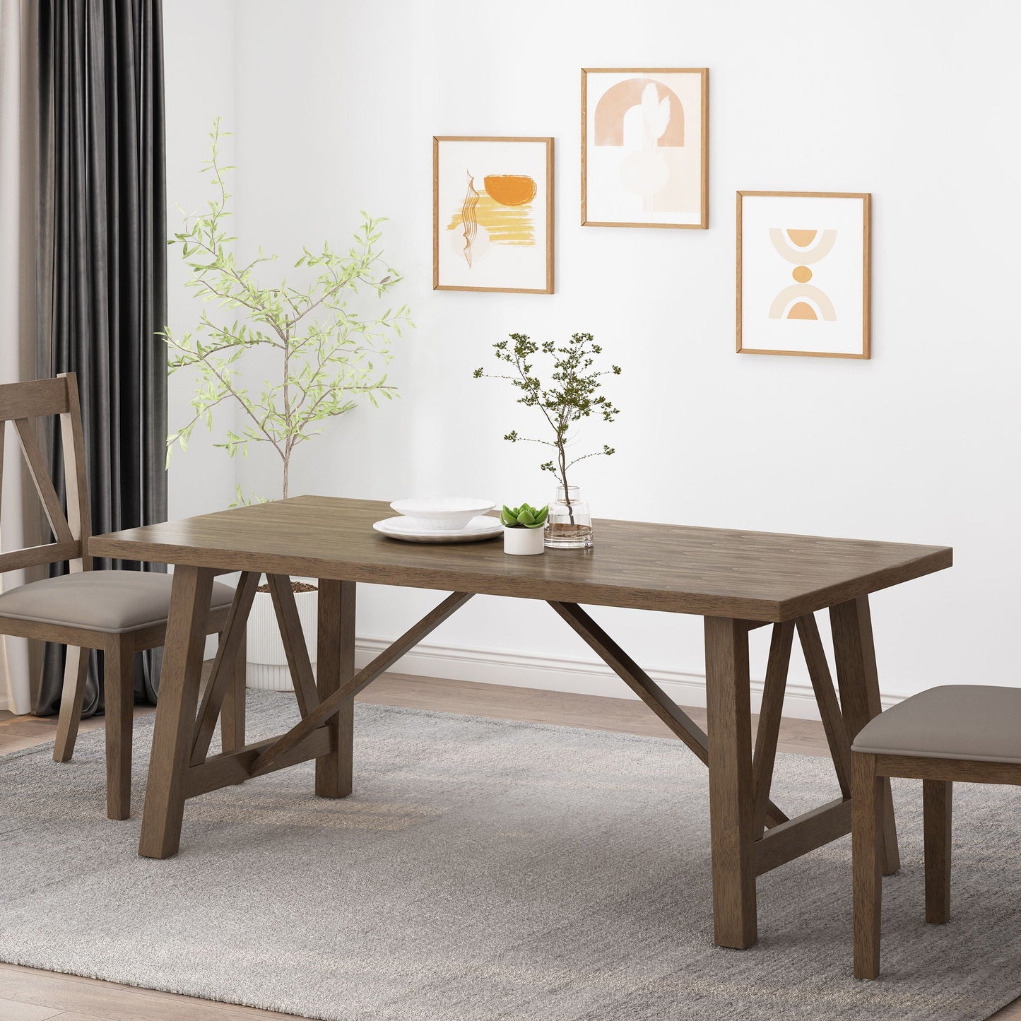 Farmhouse Style Dining Table With Wood-Like Top