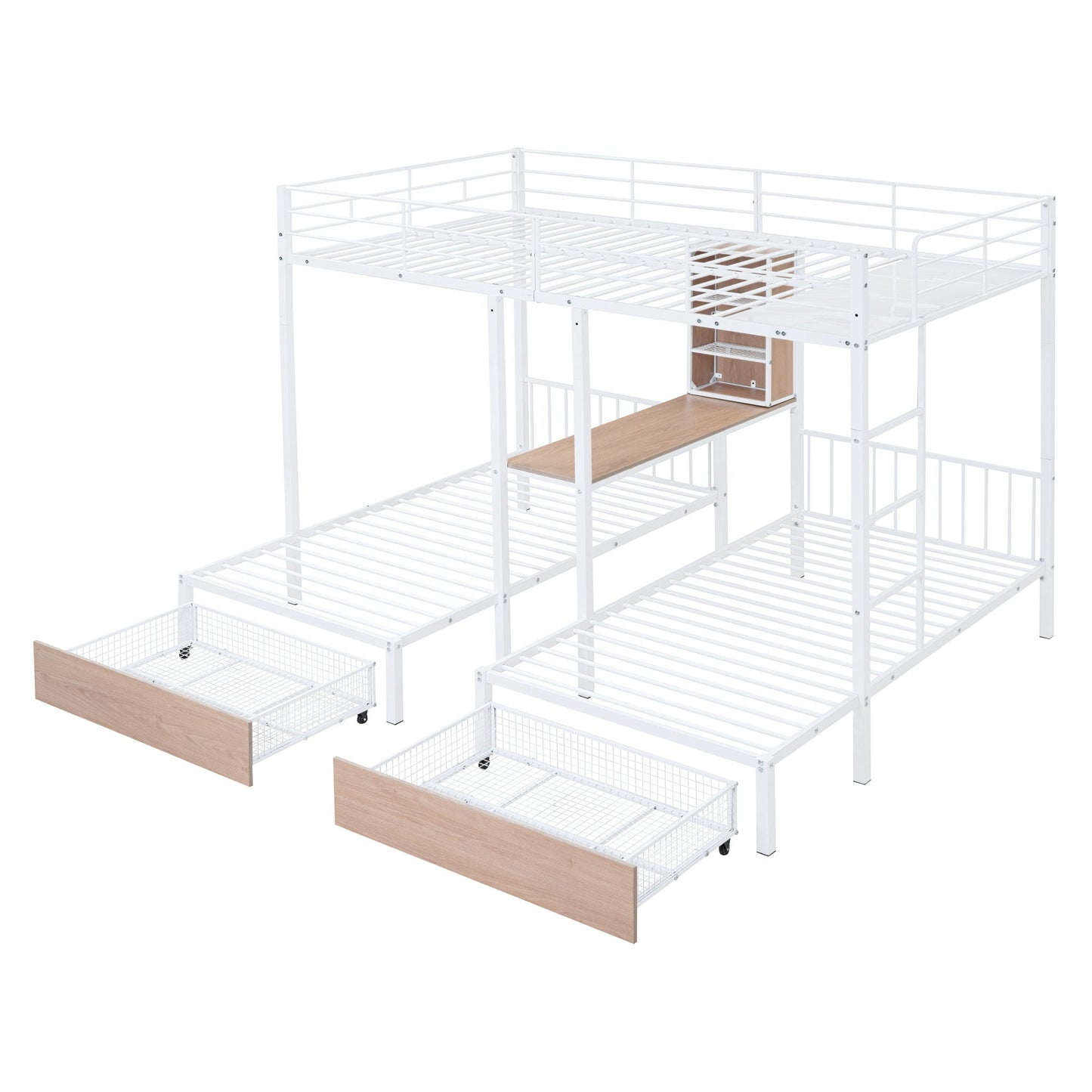 Triple Bunk Bed With Drawers, Multi-Functional Frame With Desks And Shelves In The Middle