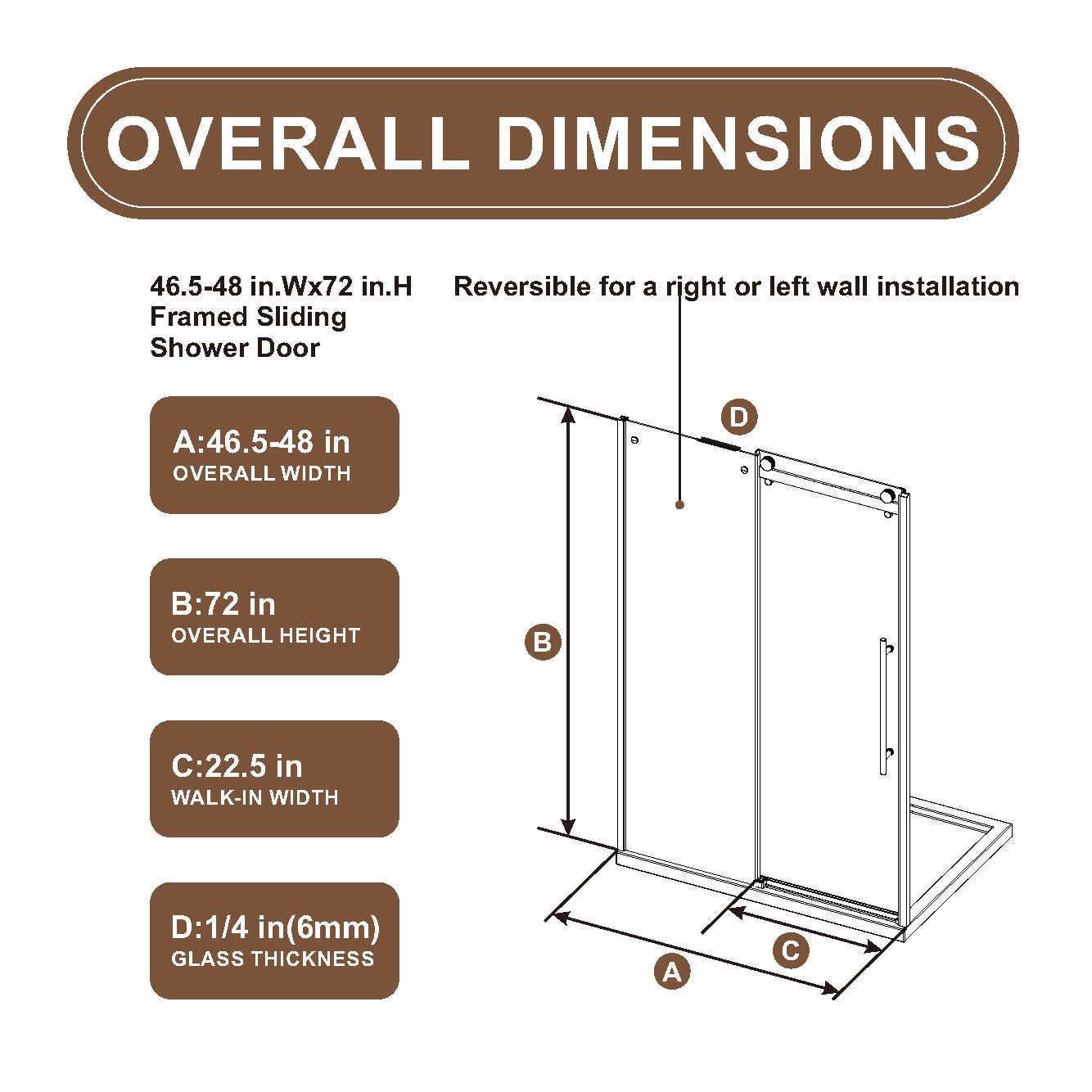 48 in W x 72 in H Frameless Sliding Shower Door