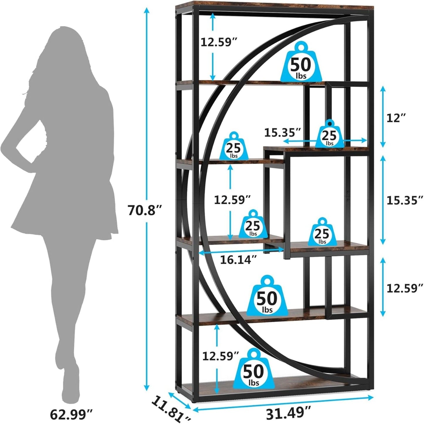 5 Tier Etagere Bookshelf With 8 Open Shelves Organizer For Living Room