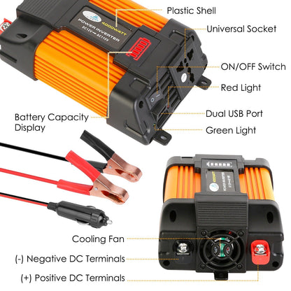 500W Continuous Power Inverter DC 12V To AC 110V Car 4000w Peak Power Inverter w/ Dual 5V 2.1A USB Ports For RV Caravan Truck Laptop
