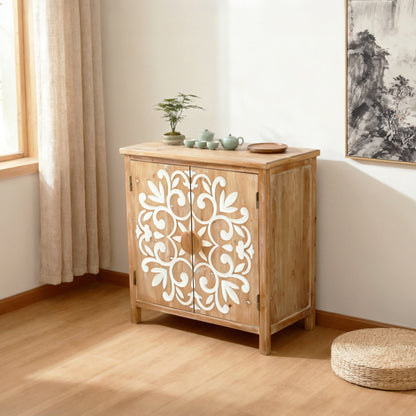 Rustic Wooden Accent Cabinet with Floral Carved Doors