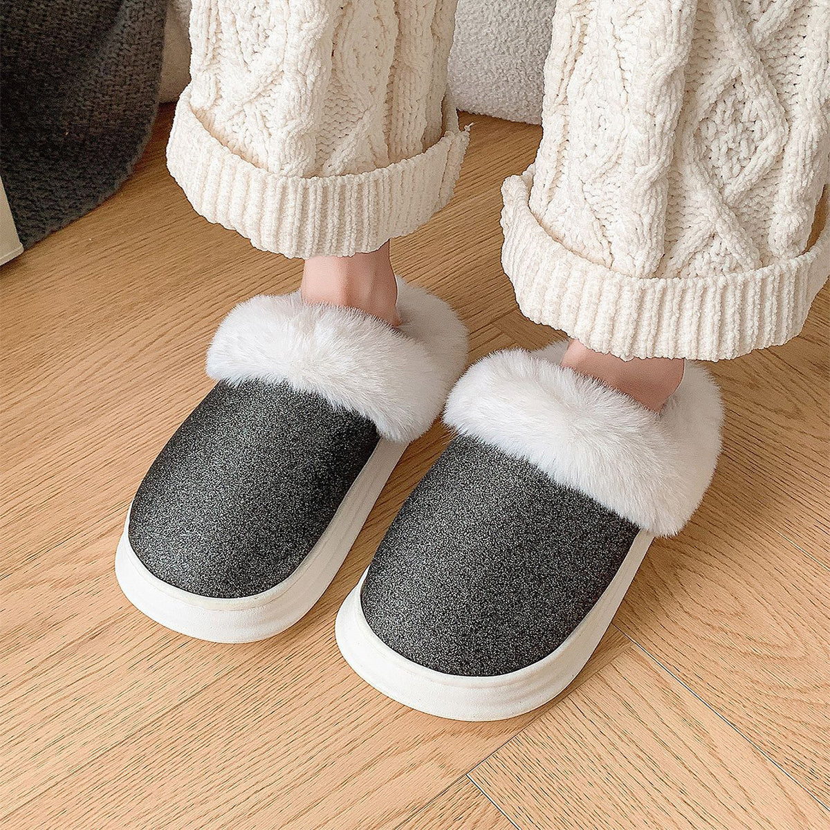 Fashion Frosted Sequined Plush Slippers Winter Warm Home Indoor Non-slip Bedroom Floor Fuzzy Slipper For Couple Women House Shoes