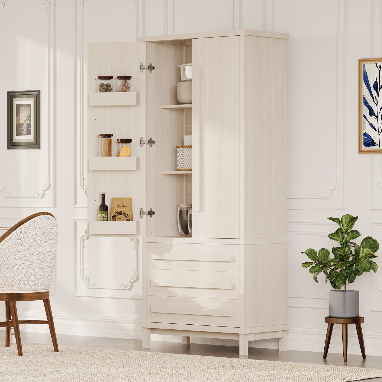 70" Kitchen Pantry Cabinet with Solid Wood Handles and Adjustable Storage