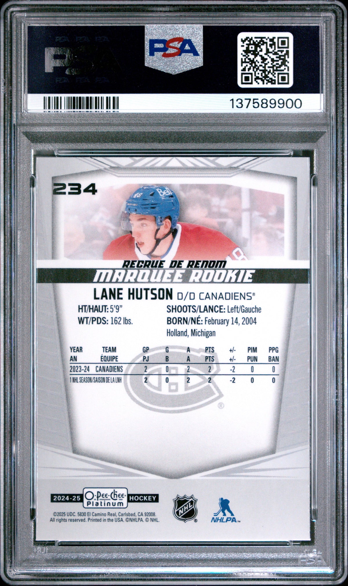 Graded 2024 O-Pee-Chee Platinum Lane Hutson #234 Rookie RC Hockey Card PSA 9 Mint