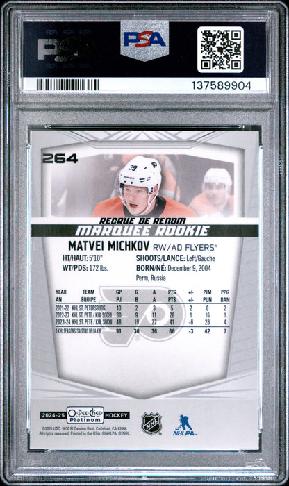 Graded 2024 O-Pee-Chee Platinum Matvei Michkov #264 Rookie RC Hockey Card PSA 10 Gem Mint