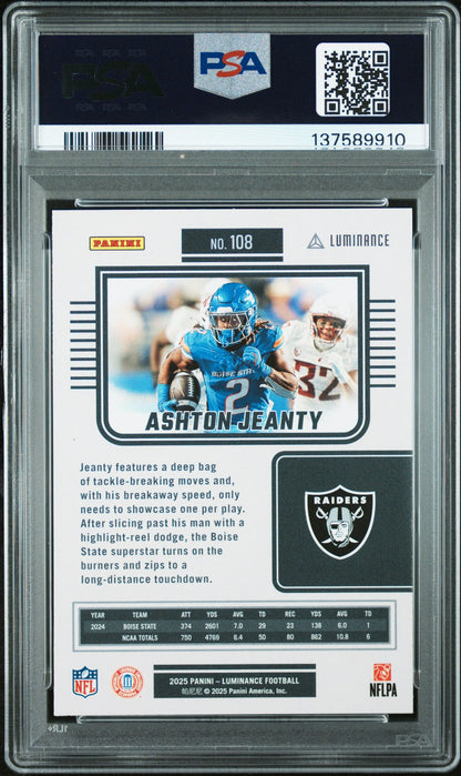 Graded 2025 Panini Luminance Ashton Jeanty #108 Rookie RC Football Card PSA 10 Gem Mint