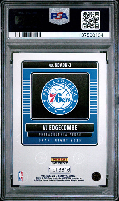 Graded 2025 Panini Instant VJ Edgecombe #3 Draft Night Rookie RC Basketball Card PSA 10 Gem Mint