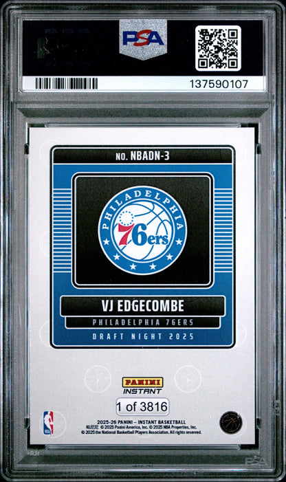 Graded 2025 Panini Instant VJ Edgecombe #3 Draft Night Rookie RC Basketball Card PSA 9 Mint