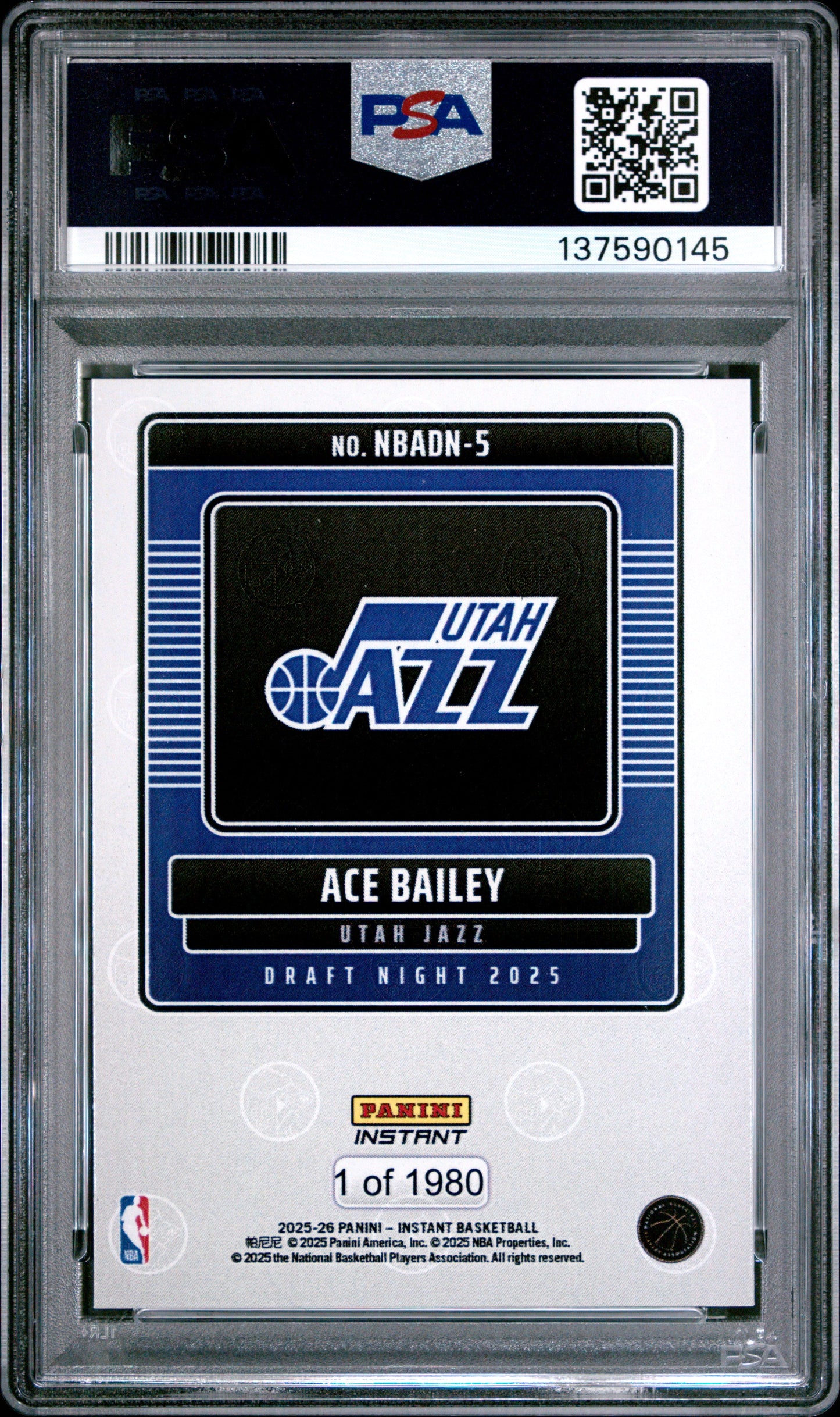 Graded 2025 Panini Instant Ace Bailey #5 Draft Night Rookie RC Basketball Card PSA 7 Near Mint