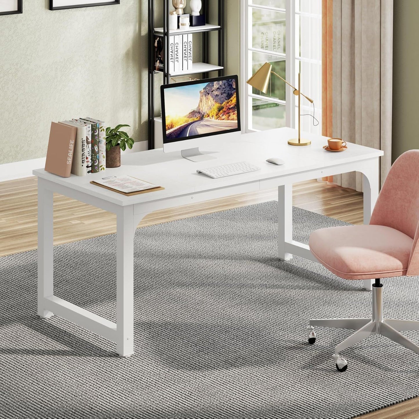 Executive Desk, Large Office Computer Workstation With Thick Frame - White