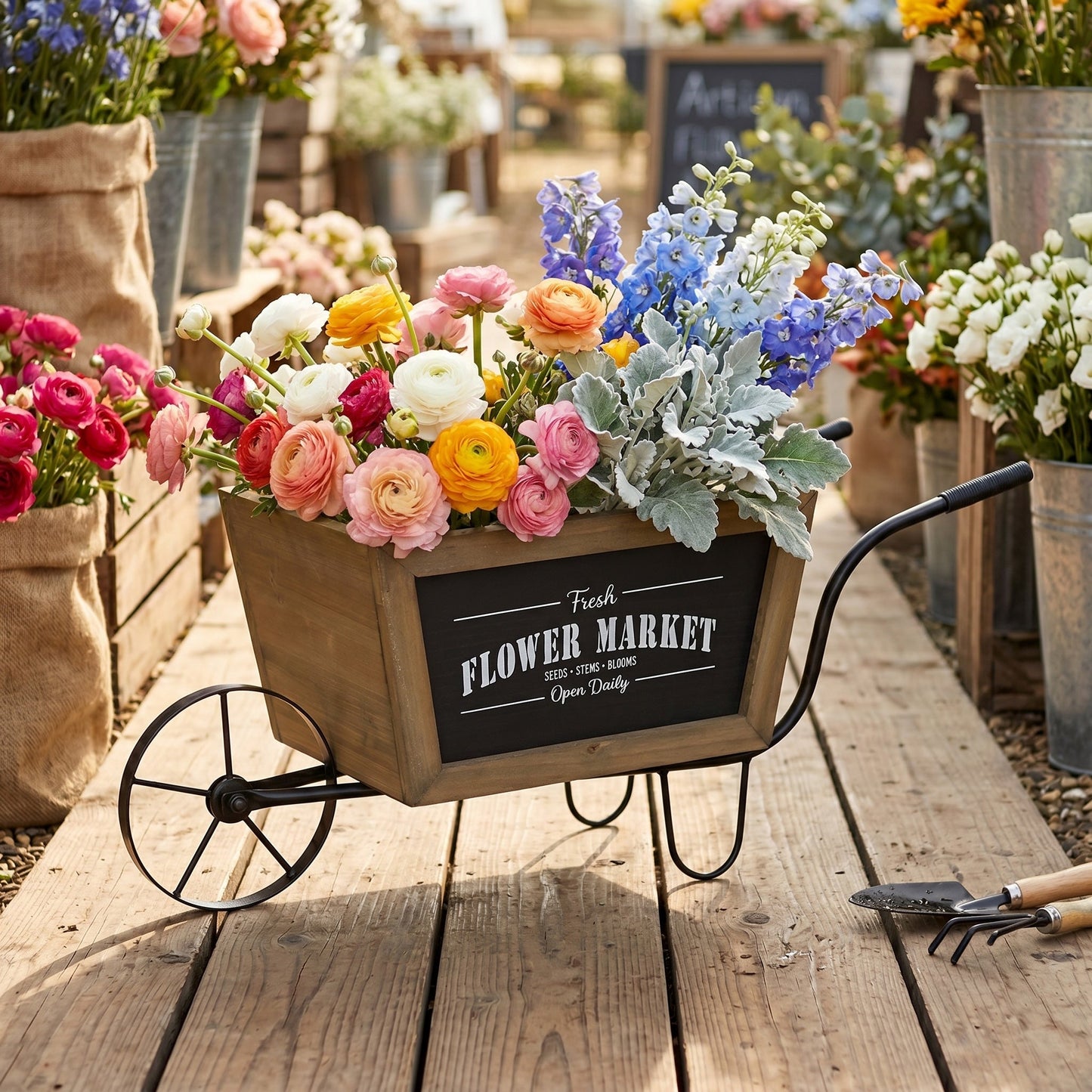 Farmhouse Wheelbarrow Planter with Flower Market Sign