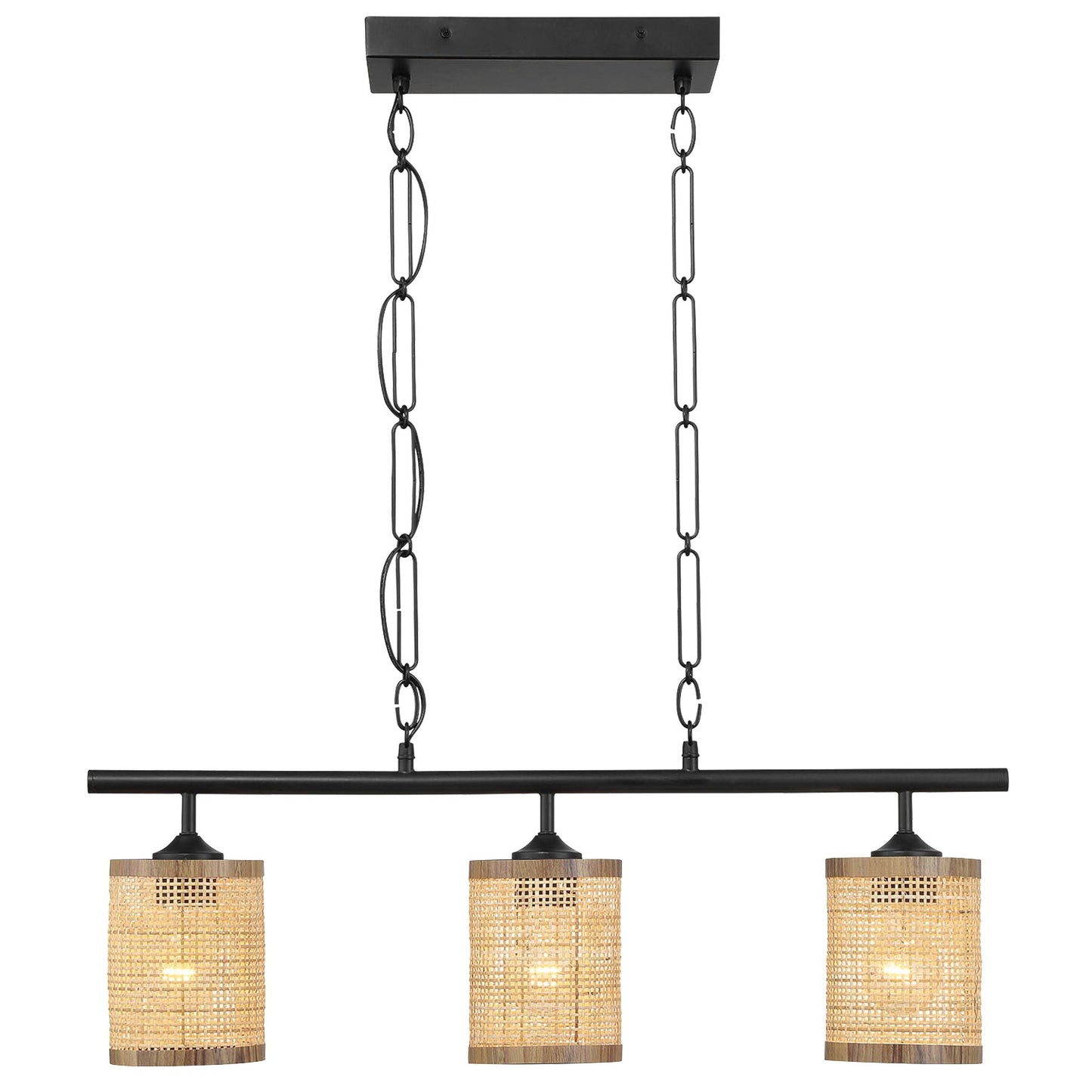 Elysian - 3 Lights Island With Natural Shade Farmhouse Chain Ceiling Lamp - Black / Rattan
