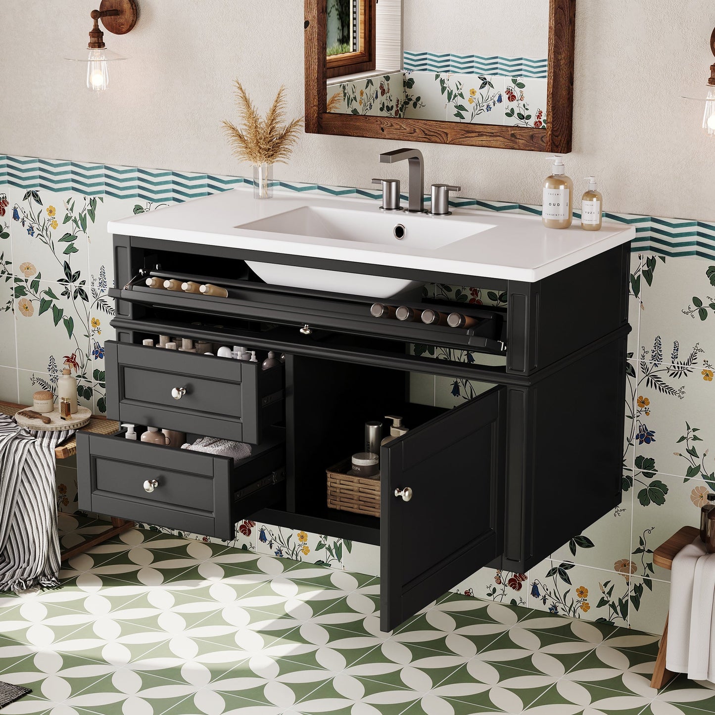 36" Wall Mounted Bathroom Vanity with Ceramic Sink and Storage